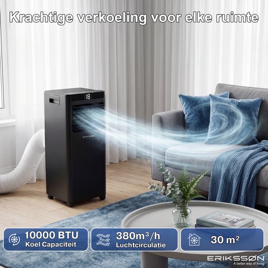 Erikssøn Mobile Klimaanlage – 10.000 BTU – inkl. Fensterdichtungsset – bis zu 30 m² – 4-in-1 – Klimaanlage – Ventilator – Luftentfeuchter – Schwarz