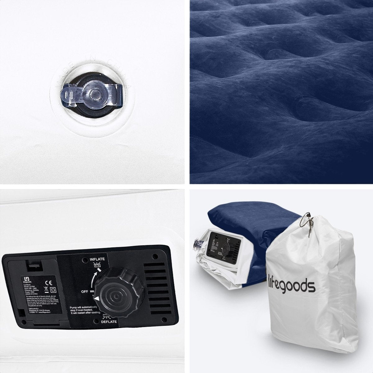 LifeGoods Luftmatratze - 1 Person - mit integrierter Pumpe - inkl. Tragetasche und Reparaturset - Weiß/Blau