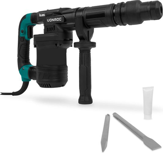 VONROC PRO Aufbrechhammer 1200W - 6kg - Schlagkraft: 14 Joule - Schlaggeschwindigkeit: 3100 p/m - 5 Meter Kabel - Inkl. Seitengriff, Spitzmeißel, Flachmeißel und Tube Fett