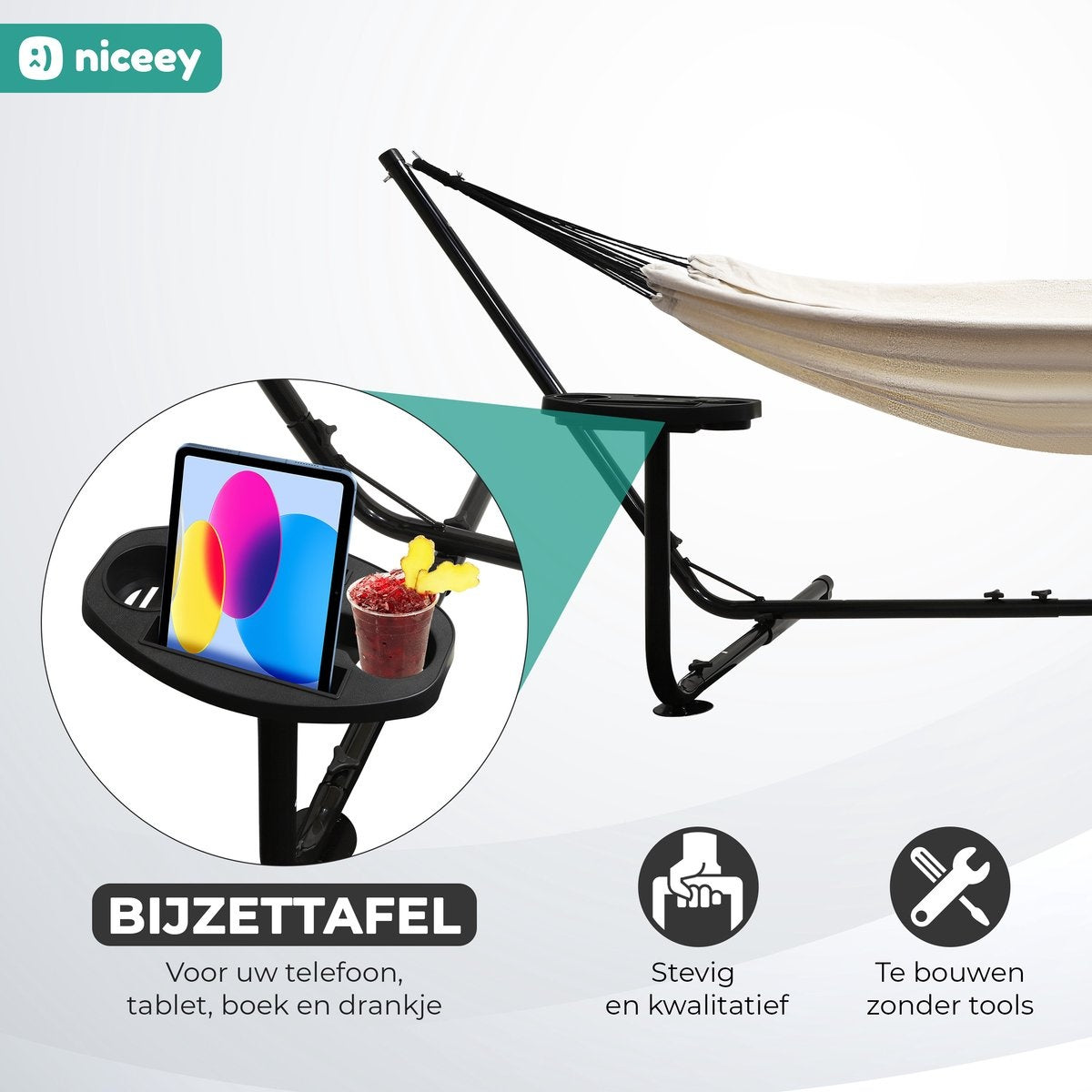 Niceey Hangmat met Standaard â€šÃ„Ã¬ 2 Persoons â€šÃ„Ã¬ Incl. Bekerhouder â€šÃ„Ã¬ 250kg - Beige