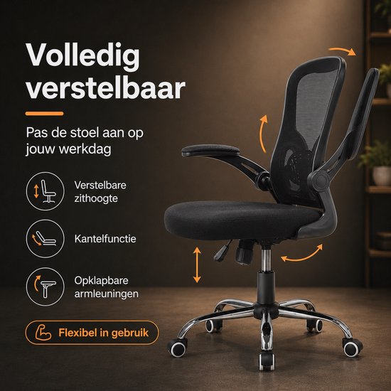 Infinity Goods Ergonomischer Bürostuhl – Office Chair – 4D-Lendenwirbelstütze & Netzbezug – Klappbare Armlehnen – Bis zu 150 kg – NEN-EN1335 – Schwarz