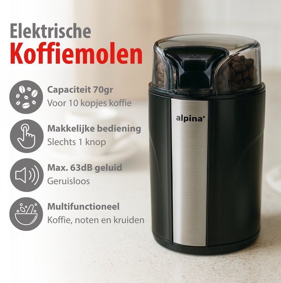 alpina Elektrische Kaffeemühle 200 W – Kaffeemühle für 70 g Kaffeebohnen – Kaffeemühle mit Edelstahlmessern – Mühle mit Sicherheitsverriegelung – Schwarz