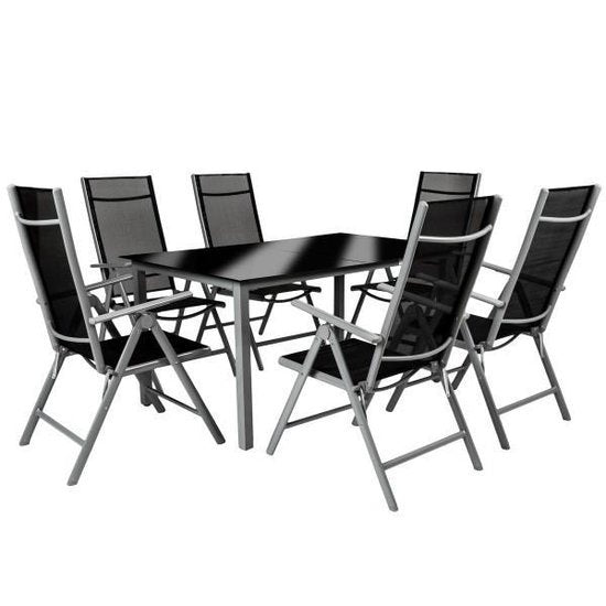 tectake Sitzgarnitur Aluminium Klappstühle, Loungeset mit 6x Stühlen und 1x Glastisch Esstisch, Gartenmöbelset wetterfest für Balkon, Gartenstühle, Terrassenmöbel, Liegestuhl - silber