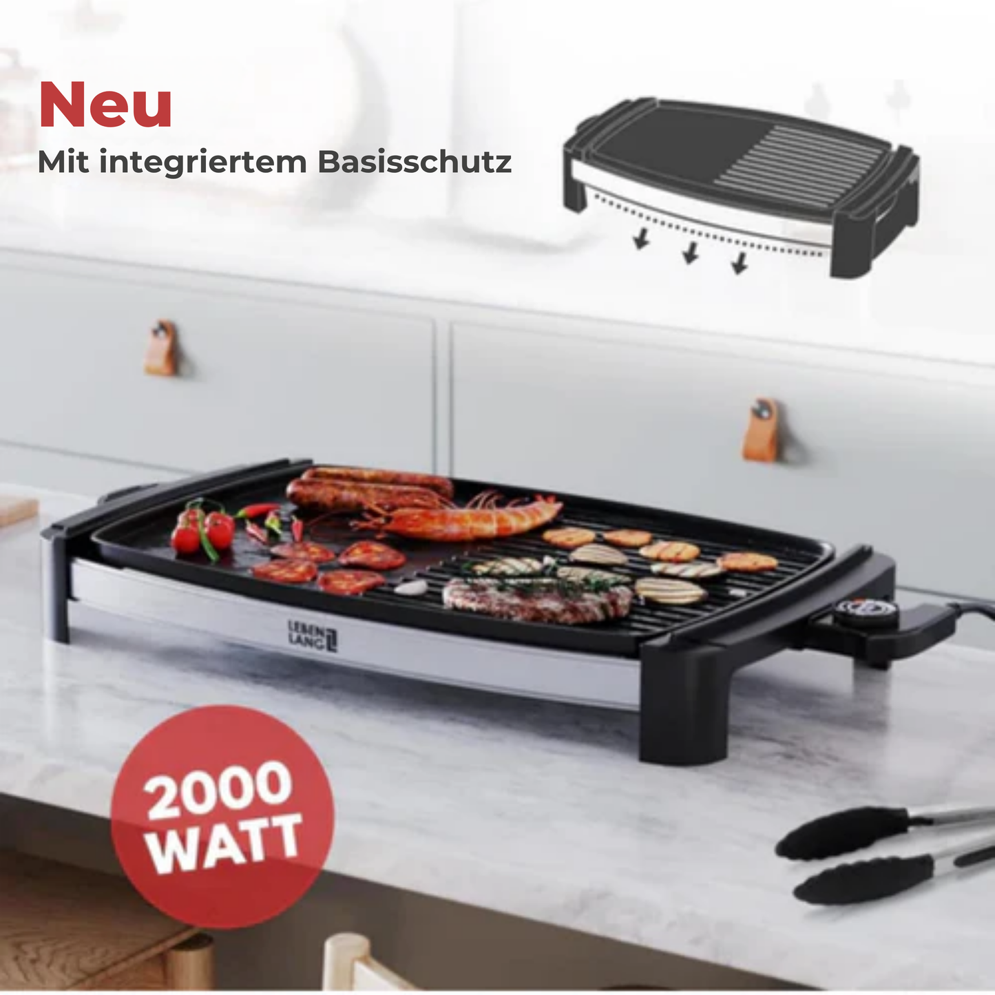LEBENLANG Elektro-Grillplatte - 2000 Watt - 4 bis 8 Personen - Für drinnen & draußen - 32,1 x 54,5 x 6,5 cm - Schwarz