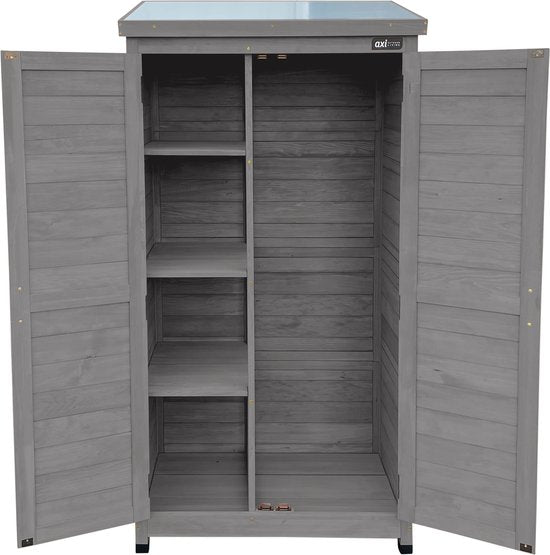AXI Hugo Aufbewahrungsschrank aus Holz, Warmgrau – Gartenschrank mit verzinktem Dach – 3 Einlegeböden und Bodenplatte – FSC-zertifiziertes Holz – Magnetverschluss – 85 x 52 x 174 cm