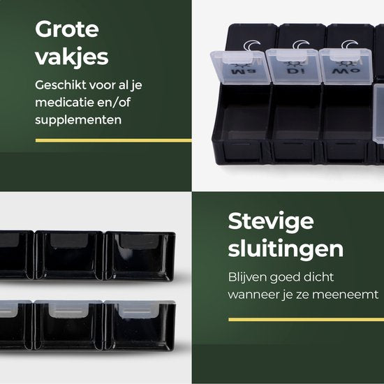 Gandria Pillenbox 7 Tage - Pillenbox - Pillenbox mit 14 Fächern - Medizinbox mit stabilem Verschluss - große Fächer - Schwarz