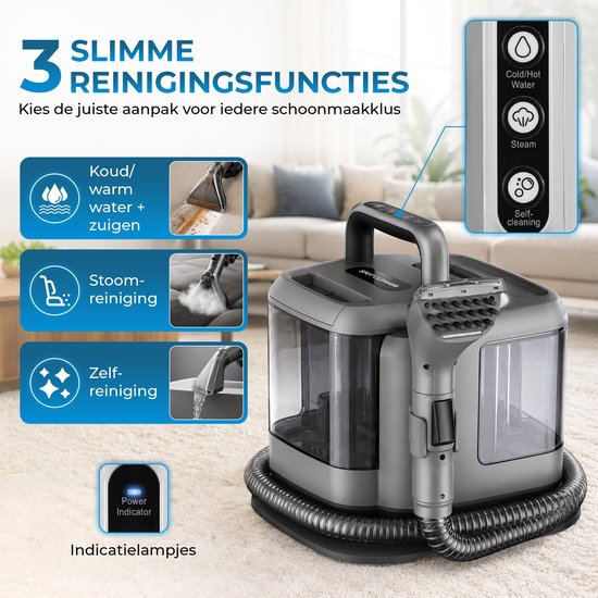 Powell Dampfreiniger – Teppichreiniger – Fleckenentferner – Sofa-Reiniger – Möbelreiniger – Teppichreiniger-Staubsauger – Reinigungsgerät – Teppichreiniger – 1800 Watt – Grau
