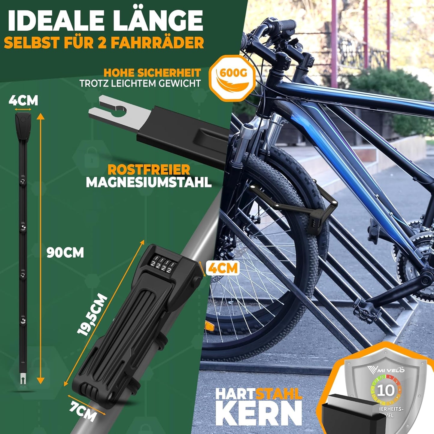 MIVELO Fahrradschloss - faltbar - mit Geheimfach für AirTags - 90 cm lang - robuster Stahl - 19,5 x 7 x 4 cm