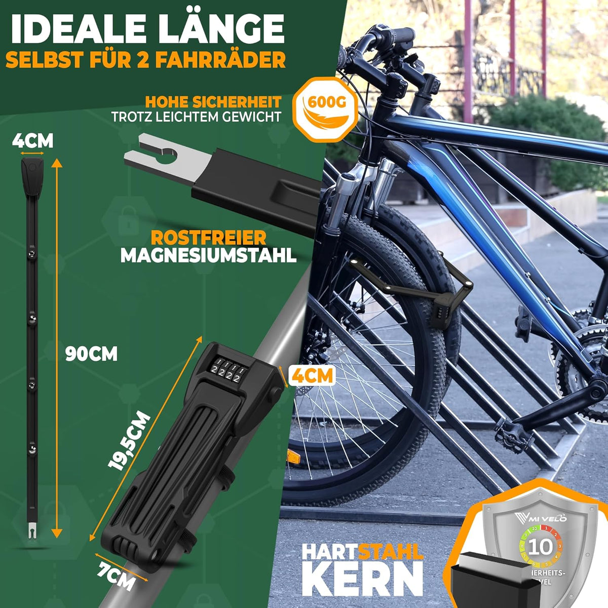 MIVELO Fahrradschloss - Faltbar - Mit Geheimfach für AirTags - 90 cm - 19,5 x 7 x 4 cm