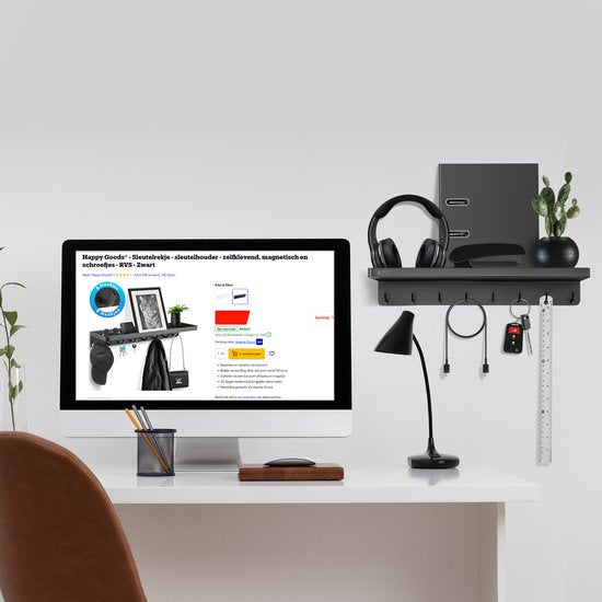 Happy Goods XL Schlüsselablage Schwarz- Schlüsselhalter- inkl. Schrauben - Edelstahl - Schlüsselschrank - Schlüsselablage mit Behälter