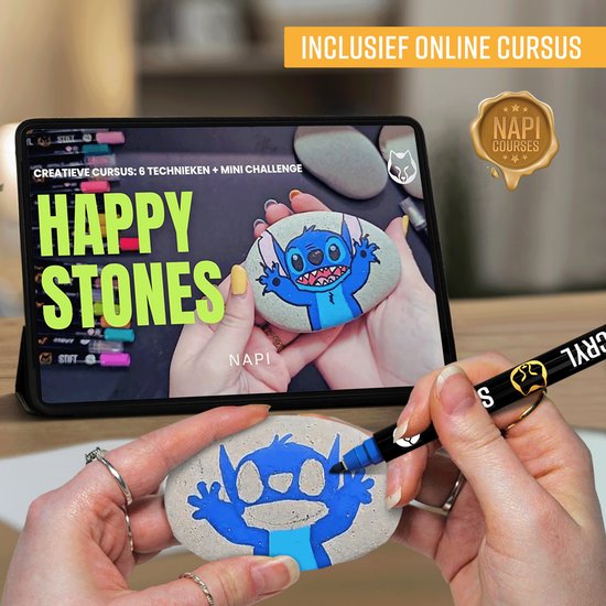 NAPI 24 Acrylmarker Dual Tip - Twinmarker - Malstifte Happy Stones - Steinmalerei mit Acrylmalstiften - Erwachsene und Kinder - Inkl. 2 Mandala-Schablonen