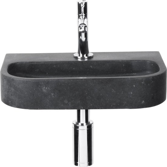 Differnz Oval Small Fountain Set - Spülbecken Naturstein - Schwarz - Gerader Wasserhahn - Chrom - Standard-Griff - 38 x 24 x 8 cm