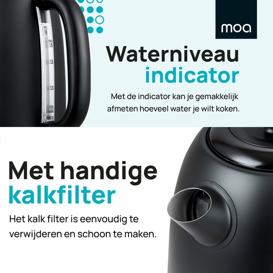 MOA Wasserkocher 1,8 Liter - Elektrischer Wasserkocher - Mit Kalkfilter und Anti-Rutsch - 2200W - Schwarz