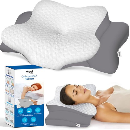 Maqi Living® Memory-Foam-Kissen bei Nackenbeschwerden – Orthopädisches & ergonomisches Kissen – Geeignet für Rücken-, Seiten- und Bauchschläfer – Memory-Foam – Grau/Weiß
