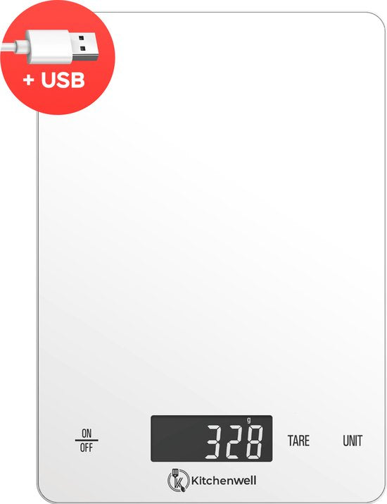 Kitchenwell Digitale Präzisionsküchenwaage - Küchenwaage - 1gr - 15kg - Tara-Funktion - USB wiederaufladbar - Weiß