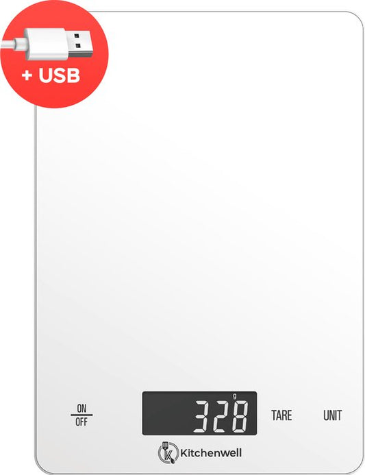 Kitchenwell Digitale Präzisionsküchenwaage - Küchenwaage - 1gr - 15kg - Tara-Funktion - USB wiederaufladbar - Weiß