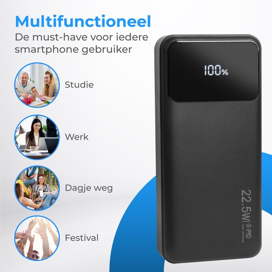 Nuvance - Powerbank 20000 mAh - 22,5 W Schnellladefunktion - USB, USB-C & Micro USB - Universal für Smartphones, Tablets & Gadgets - Reise-Powerbanks - Schwarz