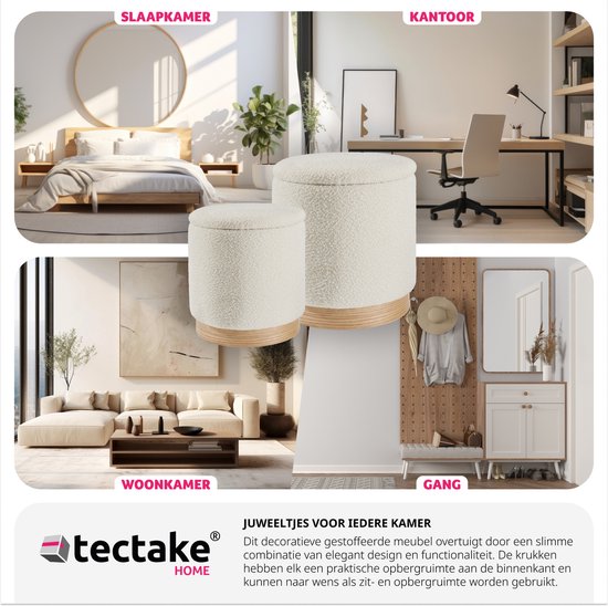 tectake® - 2er-Set Hocker mit Ablage - Bouclé-Teddy-Stoff - Scandi - Polsterhocker rund - Für Schminktisch, Schlafzimmer, Wohnzimmer - 2 Größen (38 und 32cm)
