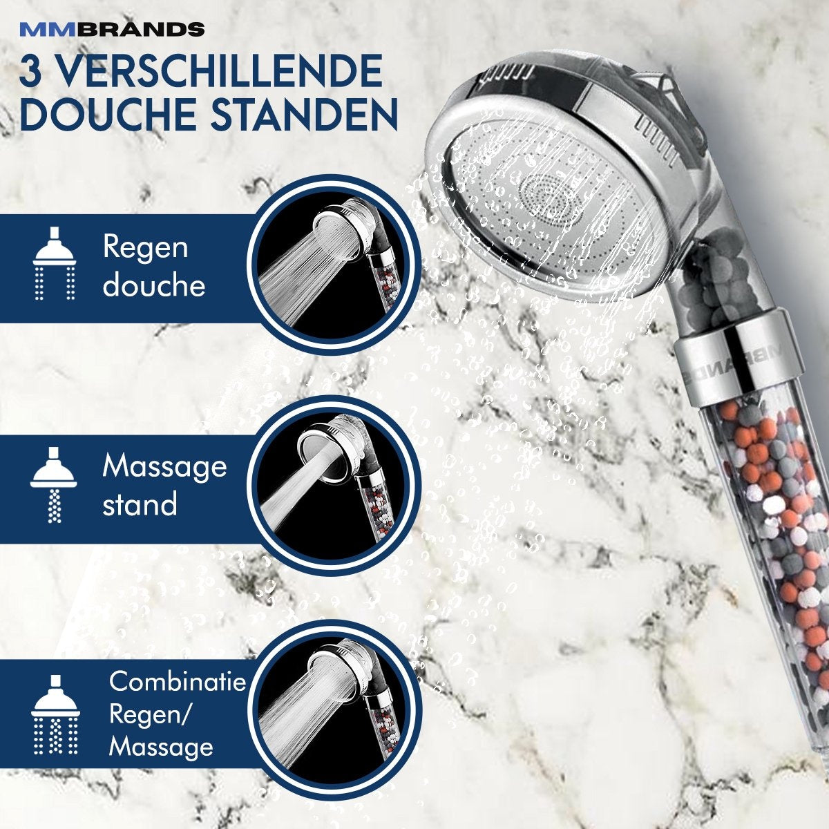 MM Brands Ionischer Duschkopf - Wassersparender Duschkopf - Hochdruck-Handbrause mit Filter - Regendusche