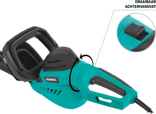 VONROC Heckenschere 600W - 660 mm Schwertlänge - mit um 180° drehbarem Griff - Messerabstand 16 mm - inkl. Schutzhülle