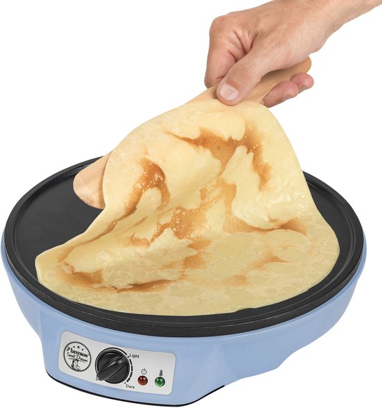 Bestron Pfannkuchenmaschine – ASW602B – 1000 W – Crêpes-Maschine – 30 cm – Blau – Inkl. Holzstapel und Teigverteiler – 5 Jahre Garantie