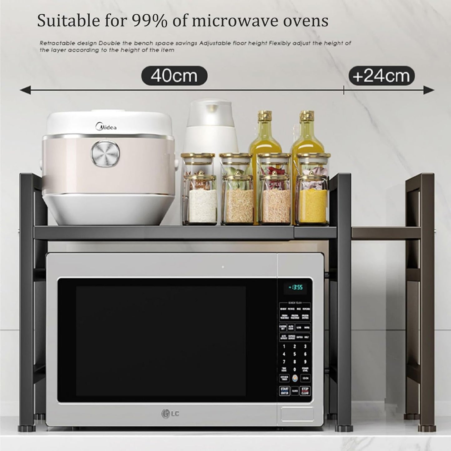 Verstellbares Mikrowellenregal, schwarz – Wandhalterung für Mikrowelle und Backofen – Doppelte Ebene