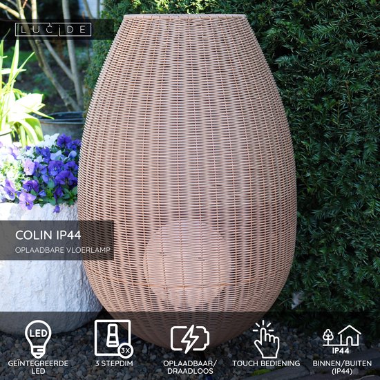 Lucide COLIN IP44 - Wiederaufladbare Stehleuchte Innen/Außen - Batterie/Batterie - LED 3 StepDim - 1x3W 3000K - IP44 - Natural