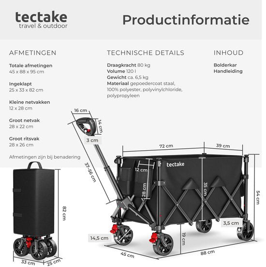 tectake® Handkarren – Zusammenklappbar – 80 kg Tragkraft – Schwenkbare Vollgummiräder mit Bremse – 45 x 88 x 95 cm - Handkarren – Transportwagen – Mit verstellbarer Schubstange – Handkarren – Wasserabweisender Transportwagen – Mit Ablagebrett und Innenfac