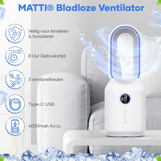 MATTI® Tischventilator - Standventilator - Kabellos - 8 Stunden Laufzeit - Inkl. Nachtlicht - Weiß