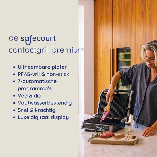 Safecourt Kitchen Kontaktgrill - Panini-Grill und Toasti-Eisen - Abnehmbar - PFAS-freie Platten - Spülmaschinenfest - Groß - Schnelle Hitze (2200W)