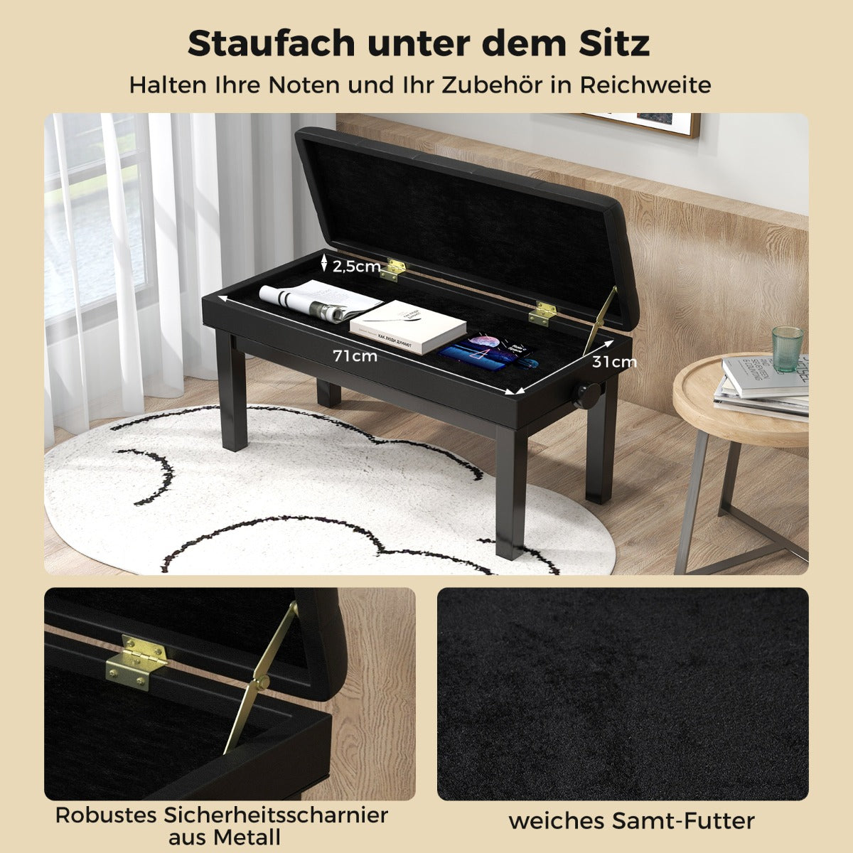 Verstellbare Duett-Klavierbank mit Ablage und wasserdichtem gepolstertem Kissen - 6 x 36 x 48-58 cm - Schwarz