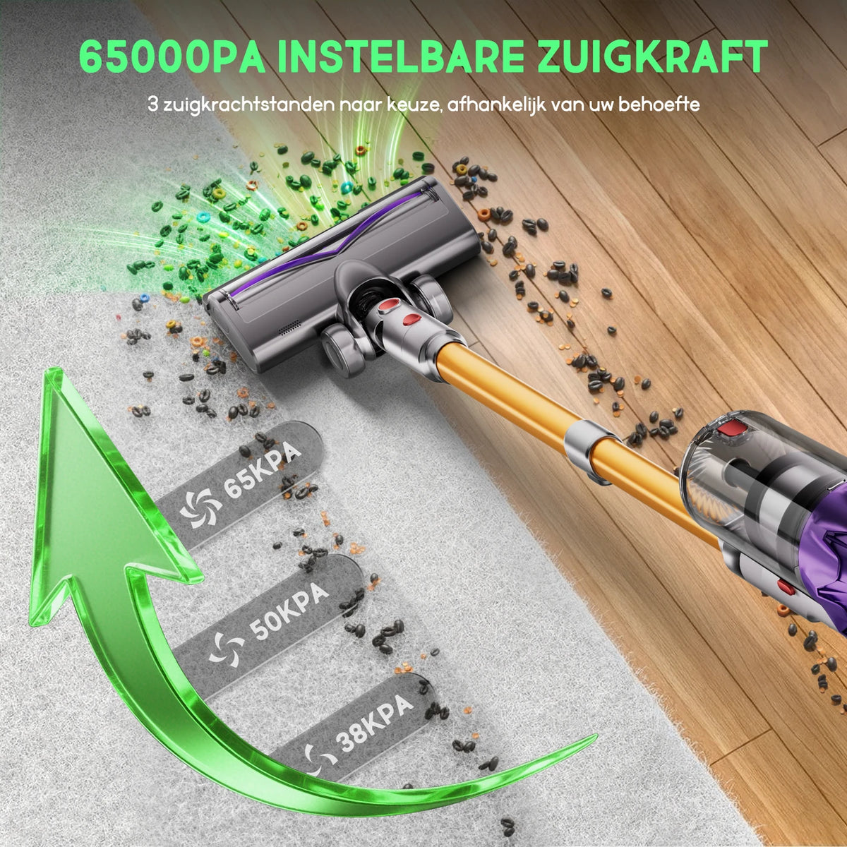 Daynee Kabelloser Stabstaubsauger 65 kPa – Bis zu 70 Minuten Laufzeit – Anti-Verfilzungsbürste mit LED – Ideal für Tierhaare – Gold