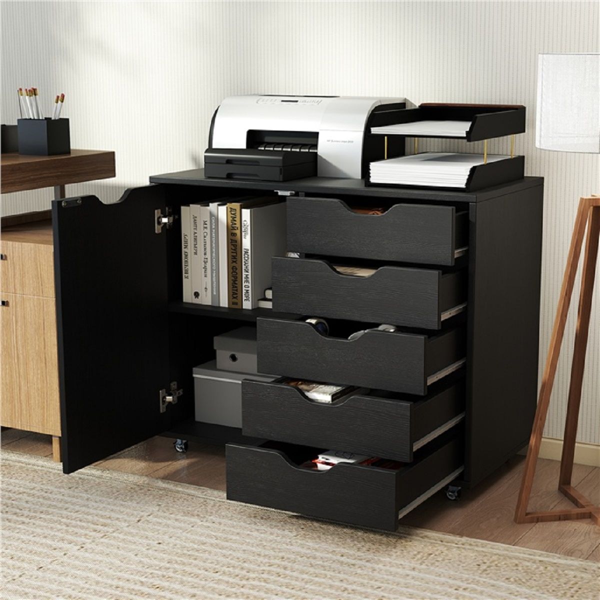 Coast Rollcontainer mit 5 Schubladen – Tür und Arbeitsplatte – mit Rollen – schwarz – 79 x 39 x 65 cm