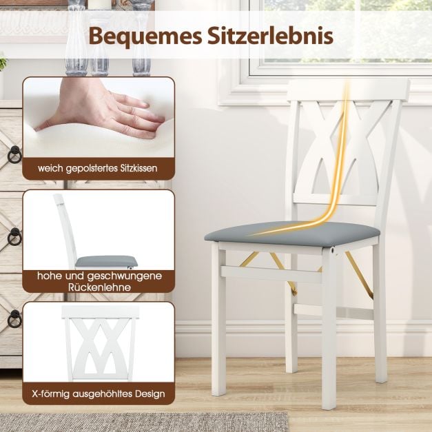 Coast 2er-Set klappbare Esszimmerstühle, Stühle ohne Armlehnen mit Lattenlehne und gepolstertem Kissen – Kautschukholz – 41 x 53 x 91 cm – Weiß