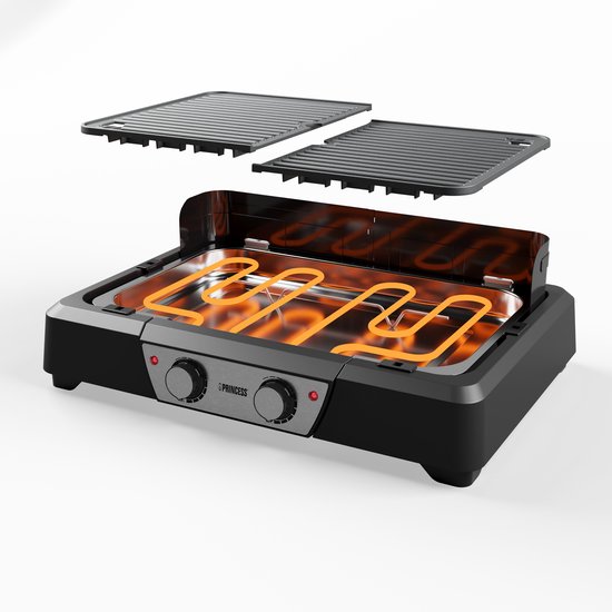 Princess BBQ Tischgrill 112254 - Schwarz - Einstellbarer Thermostat - Tisch-BBQ - Grillgerät - Große Backfläche - 2000W