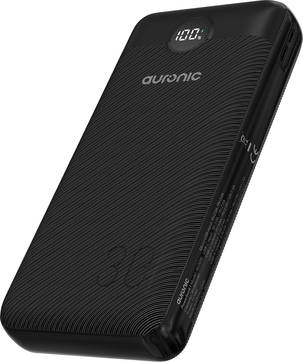 Auronic Powerbank - 30.000 mAh - 4 Ladeanschlüsse - Schnellladefunktion - USB/Micro-USB/USB-C - Schwarz