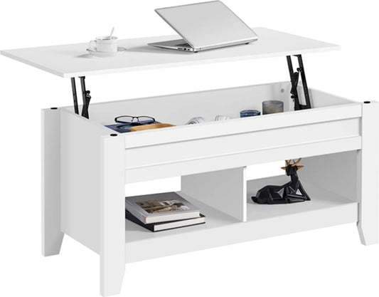 Yaheetech Couchtisch mit Lift-Top-Funktion - Mit versteckter Lagerung und zwei offenen Regalen und Federmechanismus - Für Wohnzimmer und kleine Räume - Weiß Mdf und Metall - 104,5 x 49,5 x 49-61,5 cm