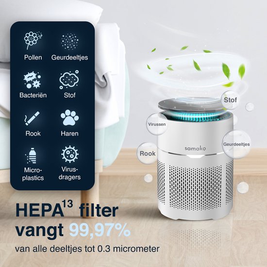 Samako - Airflow Pro - Luftreiniger - Hepa 13 pro Filter - Heuschnupfen, Haustierallergien, Hausstaubmilben - Luftqualitätsanzeige - Luftreiniger - Niederländische App - Schlafmodus