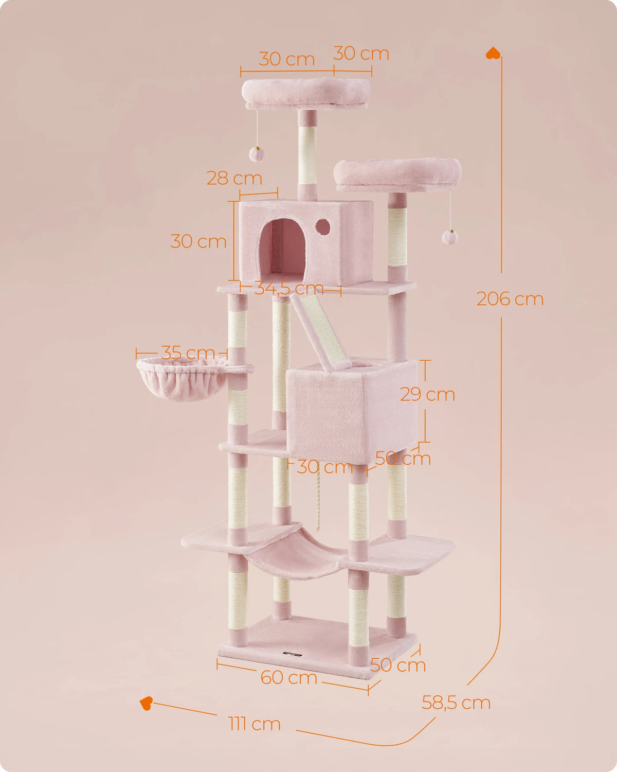 Joyfurnos Kratzbaum 206 cm – XXL-Katzenkletterturm mit 13 Kratzstämmen, 2 Katzenhäuschen und Hängematte – Rosa