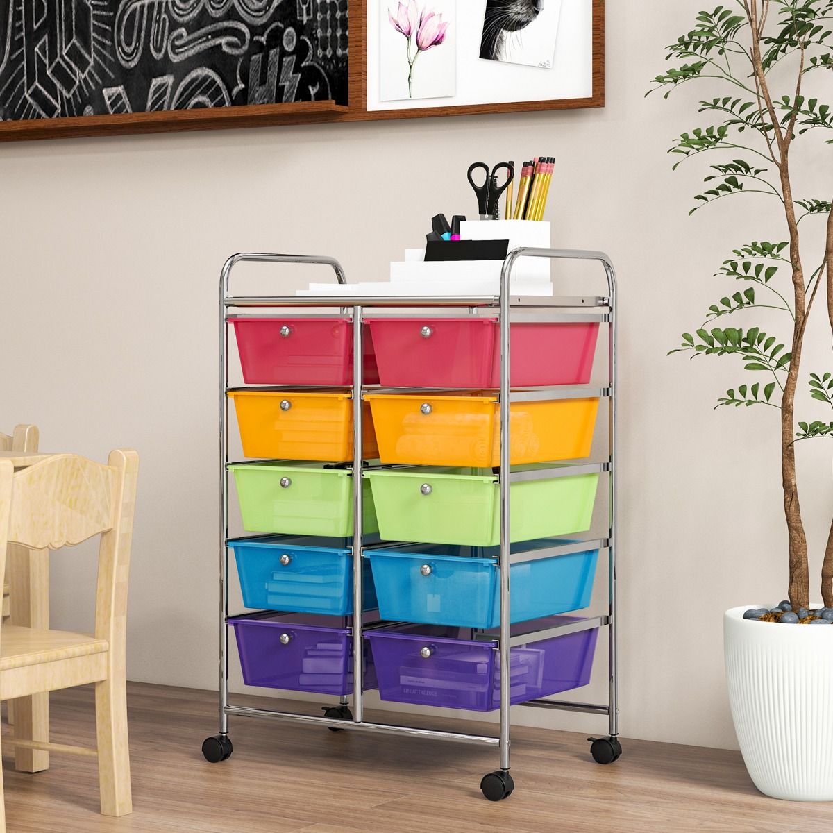 Coast Rollwagen 65,5x37x87 cm mit 10 stapelbaren Schubladen - Regenbogenfarben - Metallrahmen - Aufbewahrungswagen für Büro, Bad und Wohnzimmer