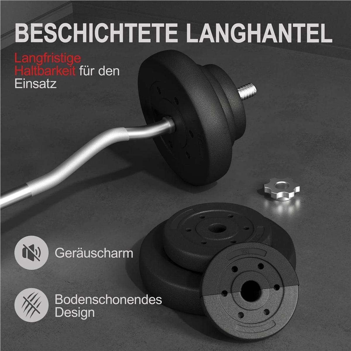 Yaheetech EZ-curl Kurzhantelset 20 kg - Ausgestattet mit verchromter Curl-Stange und 6 Betongewichtsscheiben und Stangenklammern - Für Krafttraining und Muskelaufbau - Schwarzer Metallkunststoff und Beton - 120 x 26 x 26 cm