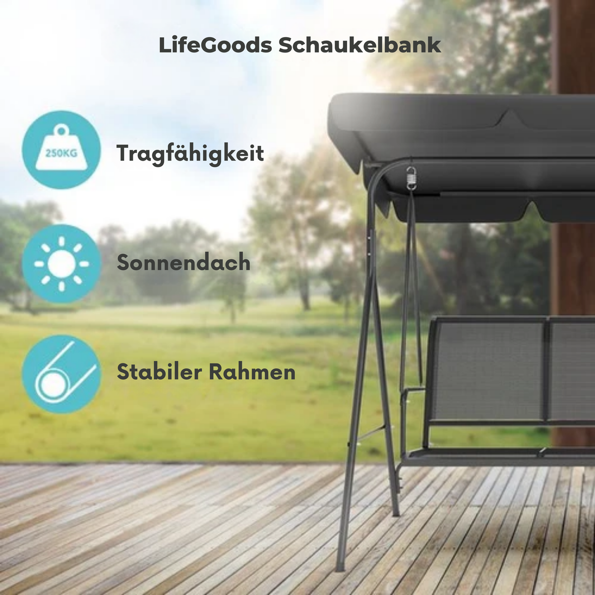 LifeGoods Schaukelbank - 3-Sitzer - Bis zu 250KG - Kippbares Dach - UV-beständiger Sonnenschirm - 172x104x162cm - Grau