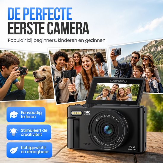 Strex Digitalkamera 5K 75 MP – Fotokamera – Kompaktkamera mit WLAN – Vlog-Kamera – Fotokamera für Kinder – 18-facher Zoom – schwenkbares Display – Schwarz