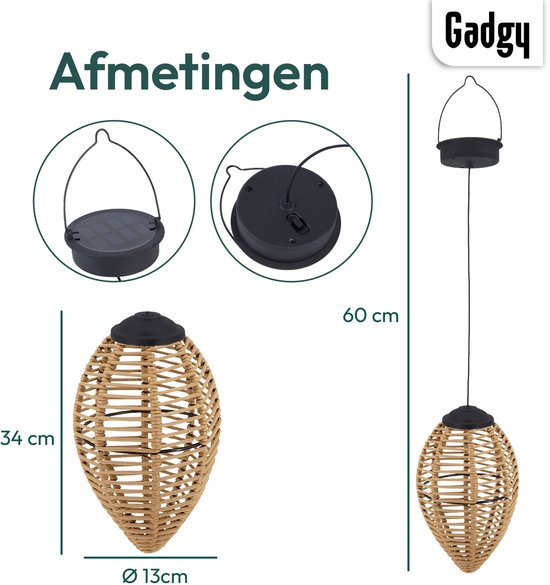 Gadgy Solar-Hängeleuchten für den Außenbereich - 2er-Set - Rattan-Look - LED-Solar-Gartenleuchten - Warmes Licht - Spritzwassergeschützt - Solarbetrieben - Hängeleuchte Gartendekoration