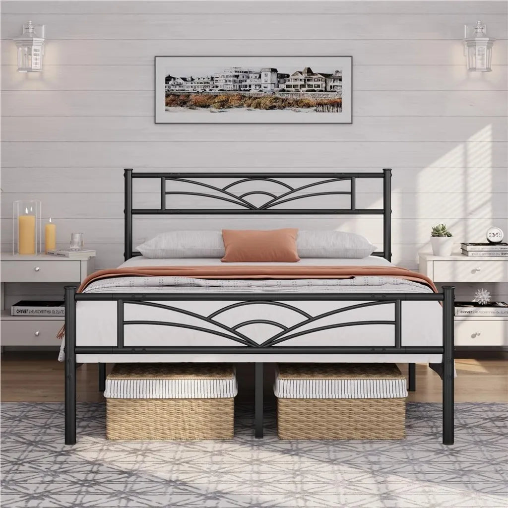 Yaheetech Metallbettgestell 140 x 200 cm – Schwarz – Doppelbett mit Kopfteil im Wolkenmuster