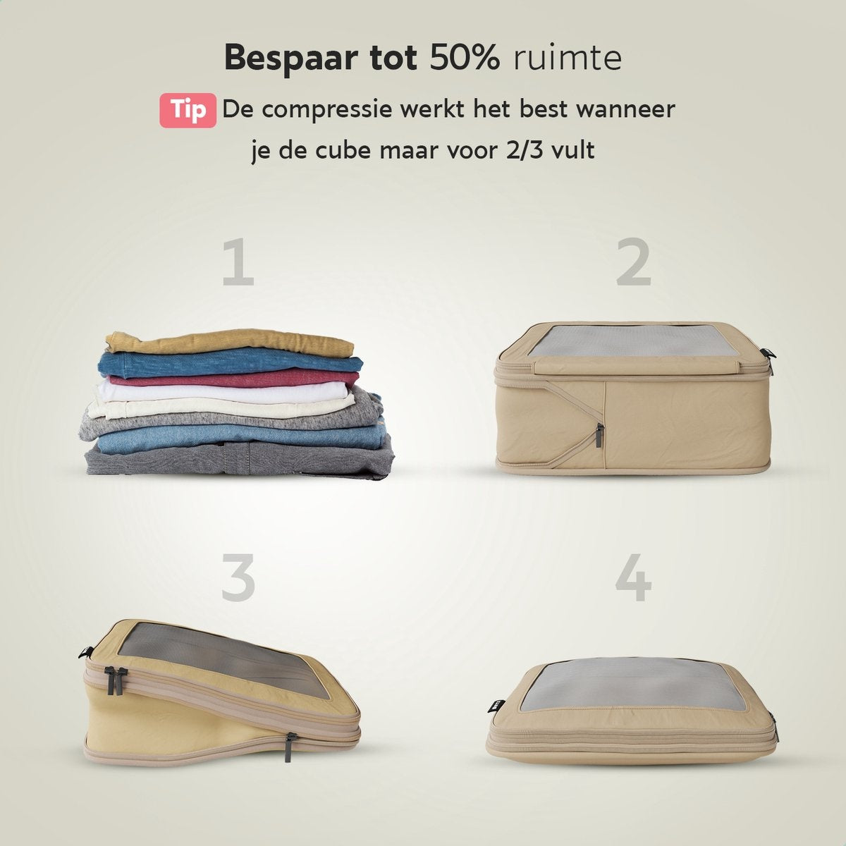 ONYXÂ¬Ã† Kompressionspackwürfel - 5 Stück - Gepäckorganizer mit Kompressionsreißverschluss - Für Koffer und Taschen - Beige