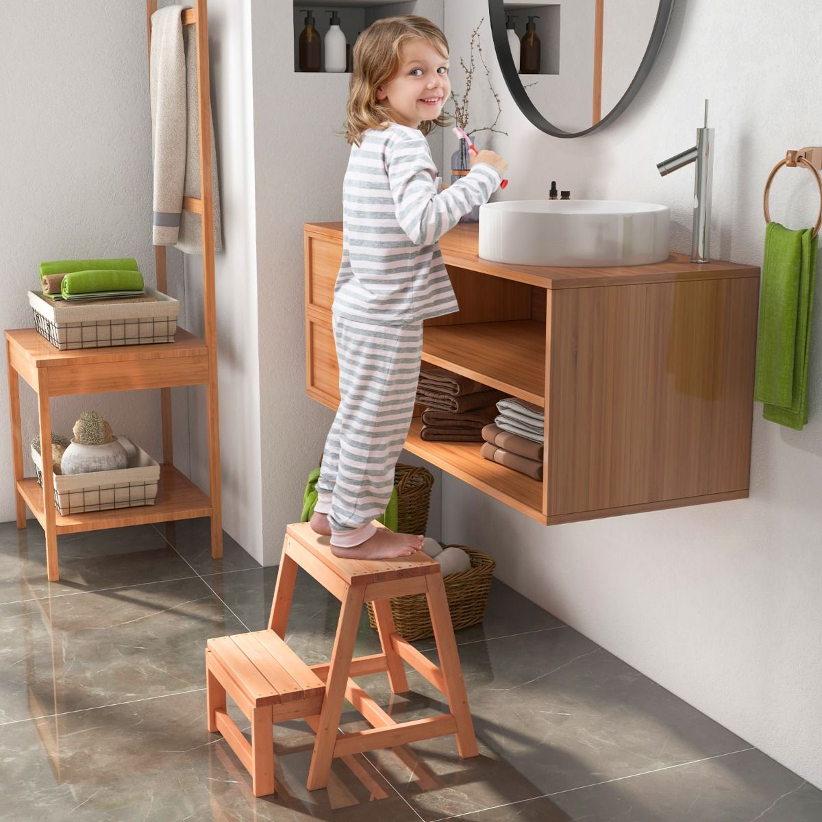Coast 2-Step Foldable Wooden Stool Natural - Multifunktionale Stufe für Kinder und Erwachsene 50x39x45 cm