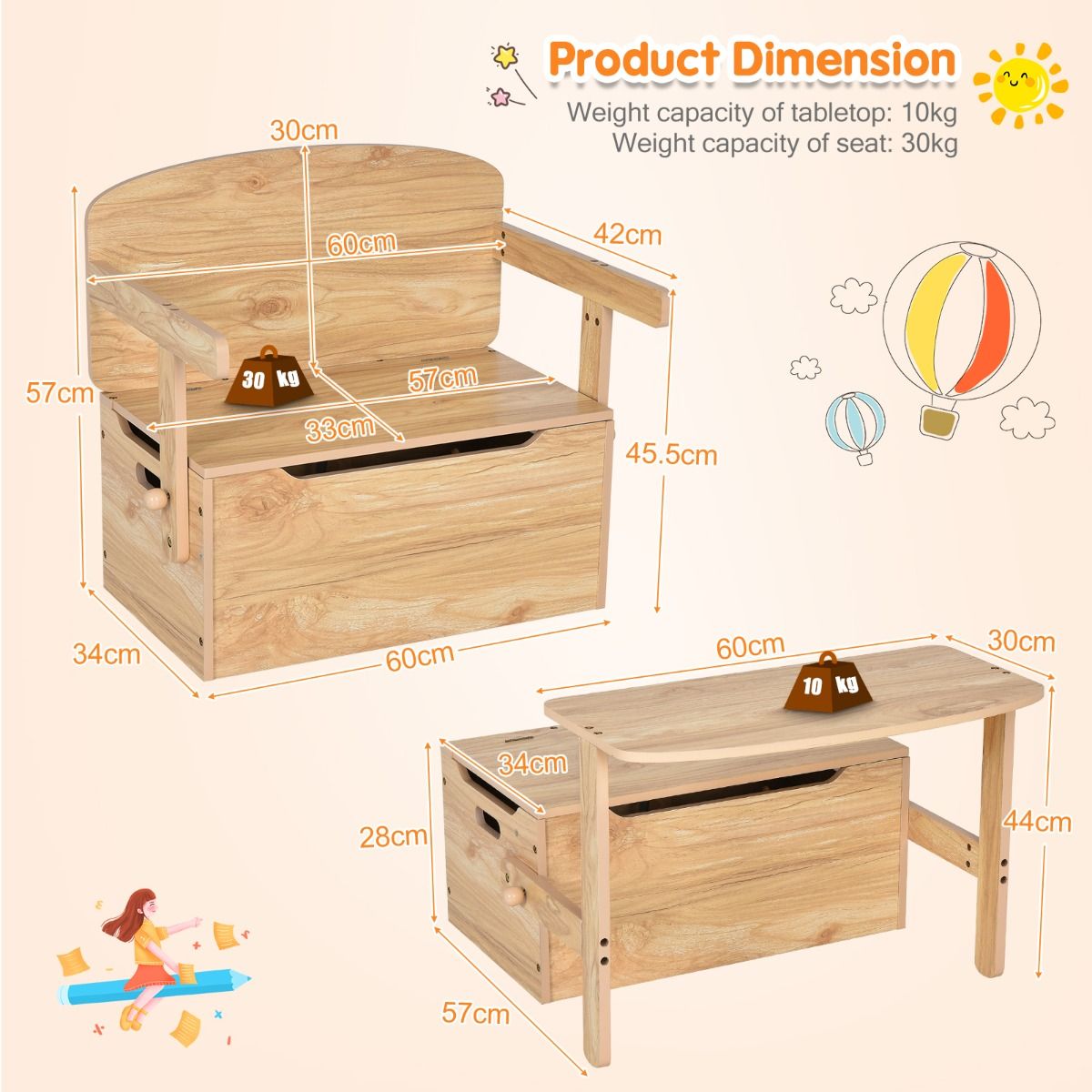 3-in-1-Kinderspieltisch mit Bank und Aufbewahrungsbox – 60 x 56,5 x 43,5 cm – Naturfarben