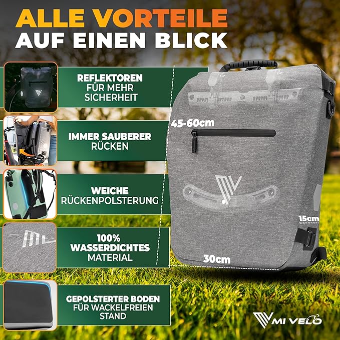 MIVELO Pannier - 3-in-1 Rucksack & Umhängetasche - Wasserdichtes Thermoplastisches Polyurethan - 20 Liter - Grau