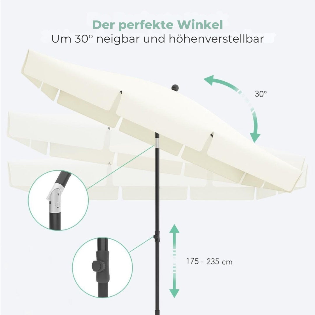 LifeGoods Sonnenschirm - 200x125cm - 30° neigbar - Wasserdicht - Mit Bezug - Creme